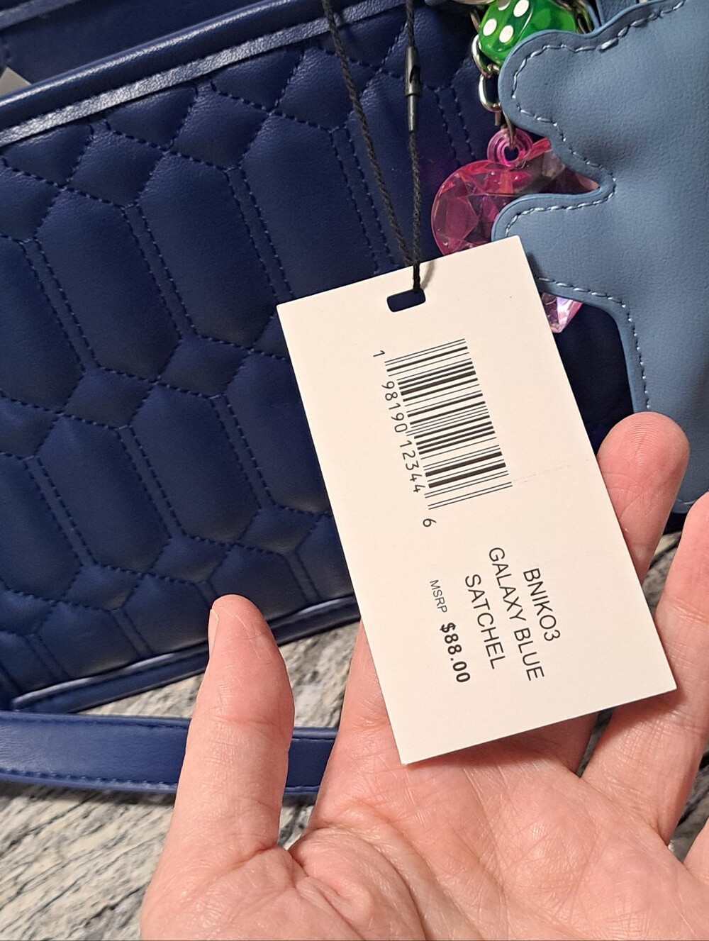Steve Madden Navy Binko Quilted Satchel with Bag Charms & Cross.\nBody Strap - Picture 2 of 6